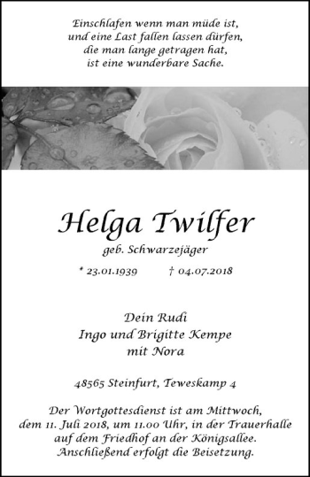 Anzeige von Helga Twilfer von Westfälische Nachrichten