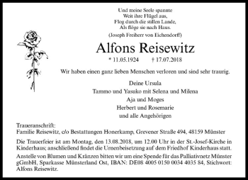Anzeige von Alfons Reisewitz von Westfälische Nachrichten