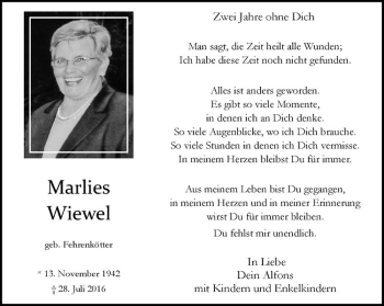 Anzeige von Marlies' Wiewel von Westfälische Nachrichten