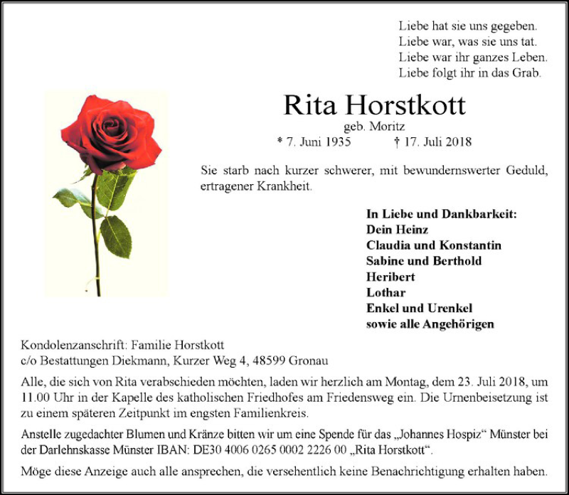 Traueranzeige für Rita Horstkott geb. Moritz vom 19.07.2018 aus Westfälische Nachrichten