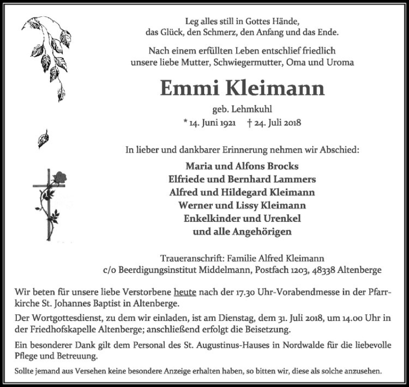  Traueranzeige für Emmi Kleimann vom 28.07.2018 aus Westfälische Nachrichten