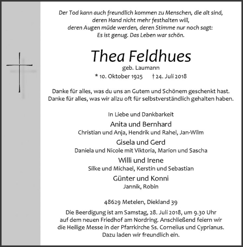  Traueranzeige für Thea Feldhues vom 26.07.2018 aus Westfälische Nachrichten