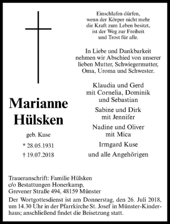 Anzeige von Marianne Hülsken von Westfälische Nachrichten