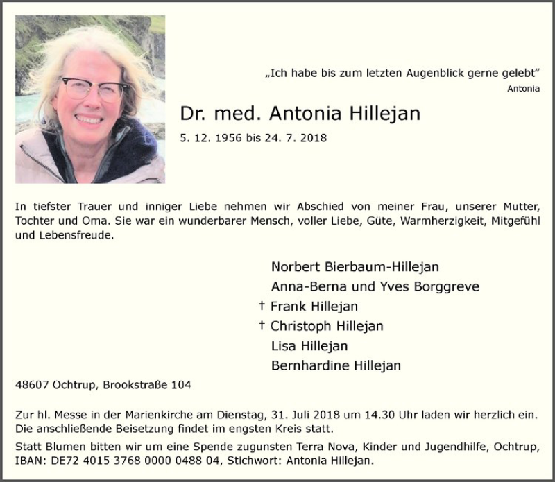  Traueranzeige für Antonia Hillejan vom 26.07.2018 aus Westfälische Nachrichten