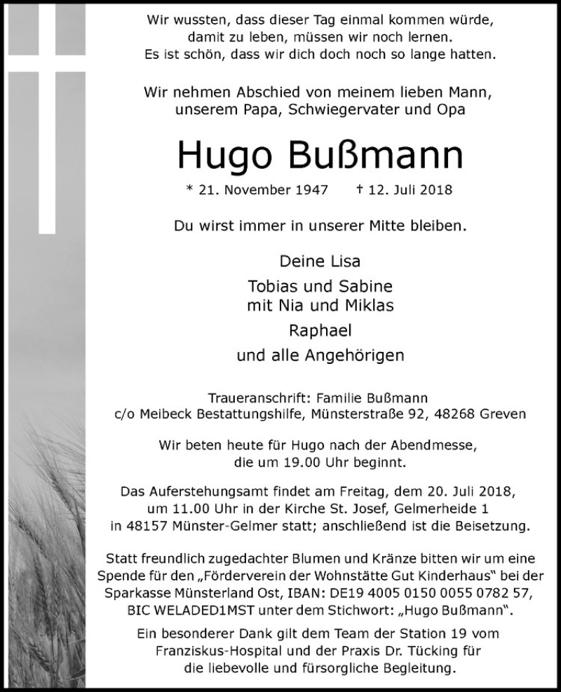  Traueranzeige für Hugo Bußmann vom 17.07.2018 aus Westfälische Nachrichten