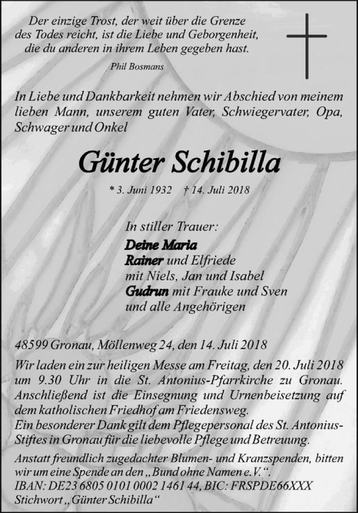  Traueranzeige für Günter Schibilla vom 17.07.2018 aus Westfälische Nachrichten
