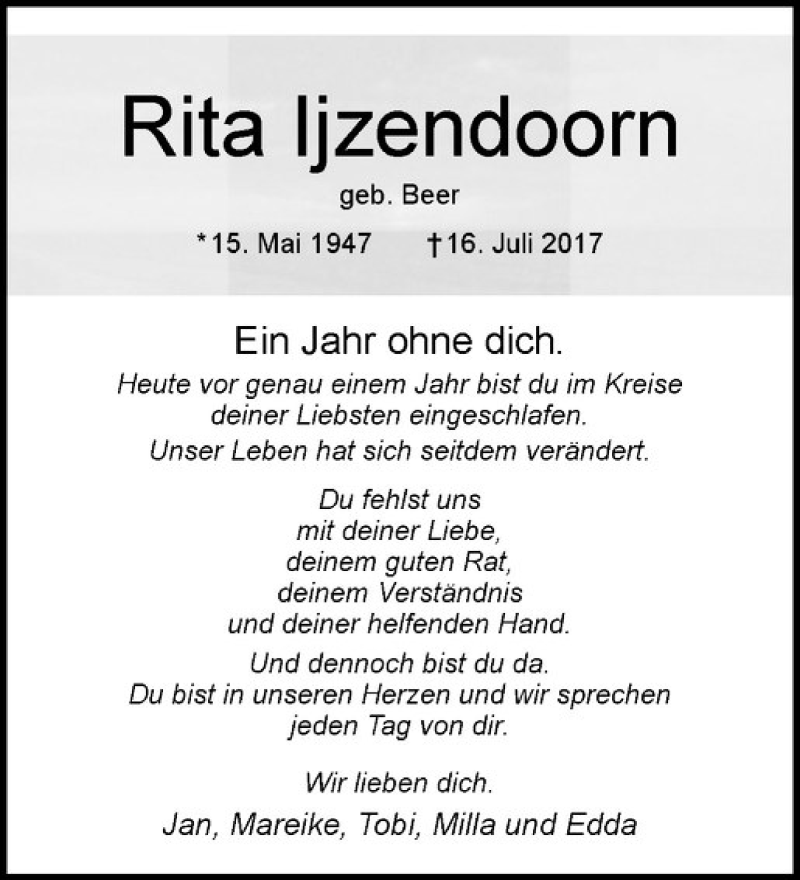  Traueranzeige für Rita Ijzendoorn vom 16.07.2018 aus Westfälische Nachrichten
