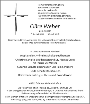 Anzeige von Cläre Weber von Westfälische Nachrichten