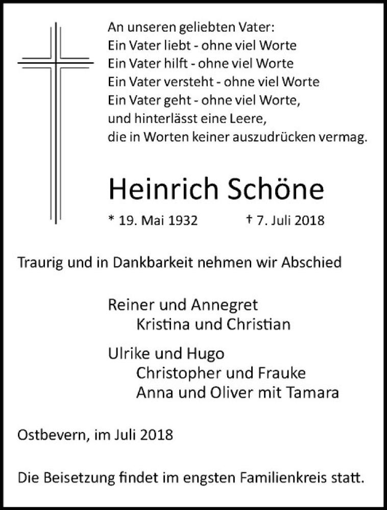  Traueranzeige für Heinrich Schöne vom 11.07.2018 aus Westfälische Nachrichten