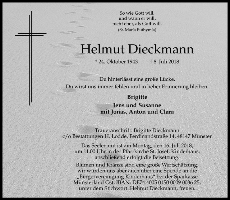  Traueranzeige für Helmut Dieckmann vom 13.07.2018 aus Westfälische Nachrichten