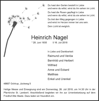 Anzeige von Heinrich Nagel von Westfälische Nachrichten