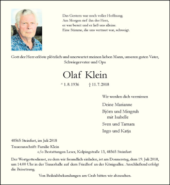 Anzeige von Olaf Klein von Westfälische Nachrichten