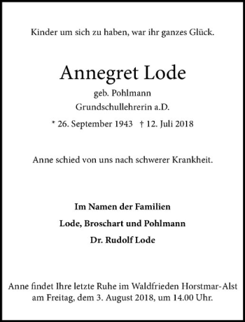 Anzeige von Annegret Lode von Westfälische Nachrichten