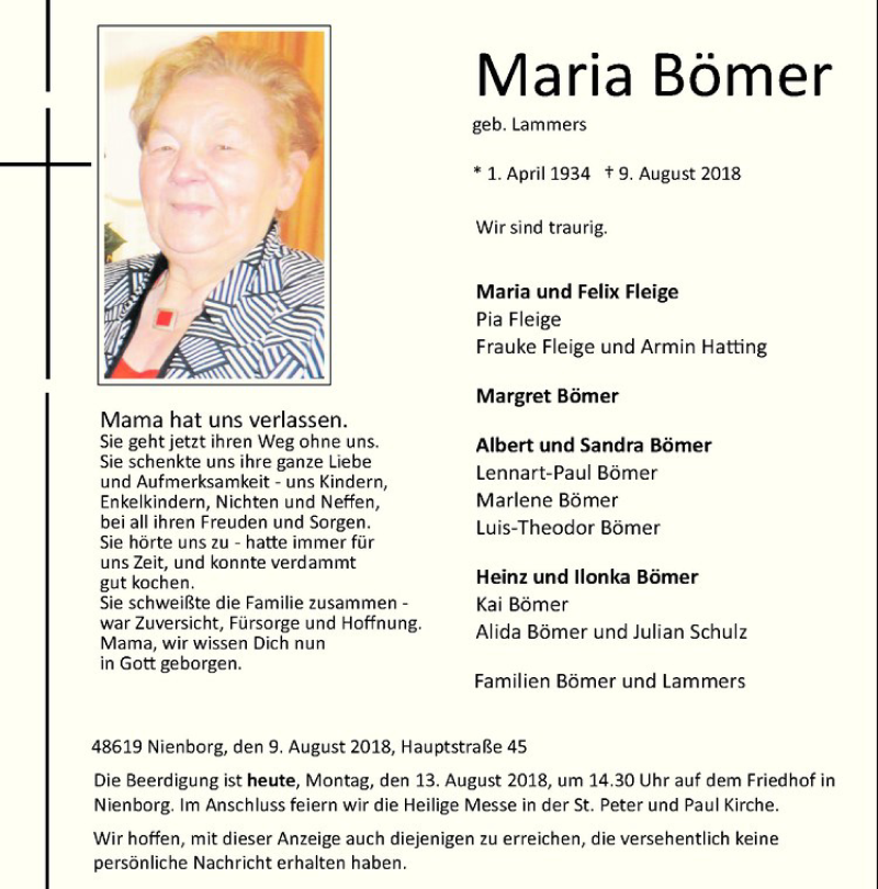 Traueranzeige für Maria Bömer vom 12.08.2018 aus Westfälische Nachrichten