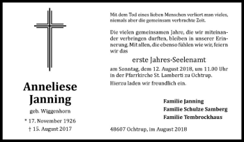 Anzeige von Anneliese Janning von Westfälische Nachrichten
