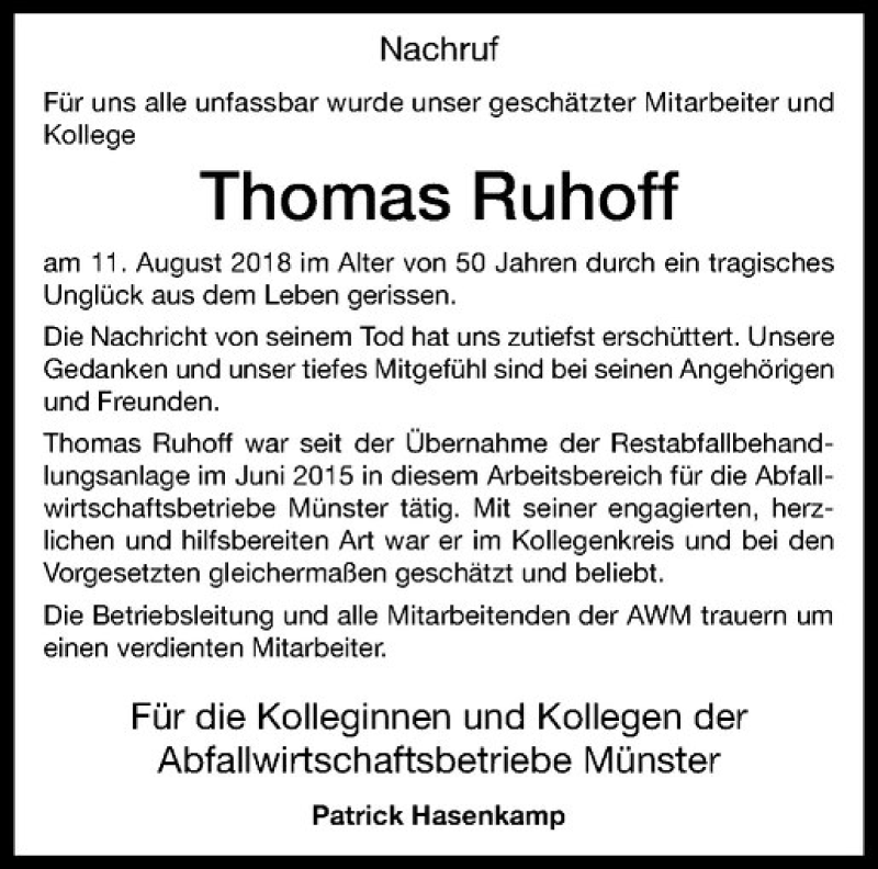  Traueranzeige für Thomas Ruhoff vom 17.08.2018 aus Westfälische Nachrichten