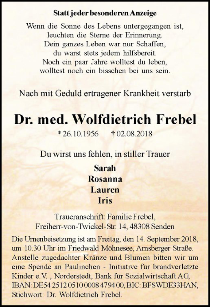  Traueranzeige für Wolfdietrich Frebel vom 18.08.2018 aus Westfälische Nachrichten