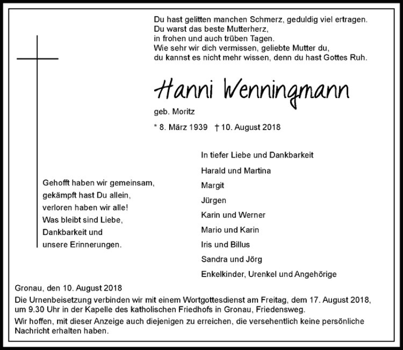  Traueranzeige für Hanni Wenningmann vom 14.08.2018 aus Westfälische Nachrichten
