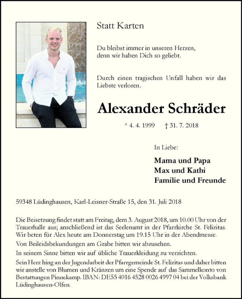  Traueranzeige für Alexander Schräder vom 02.08.2018 aus Westfälische Nachrichten