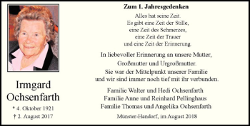 Anzeige von Irmgard Ochsenfarth von Westfälische Nachrichten