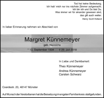 Anzeige von Margret Künnemyer von Westfälische Nachrichten