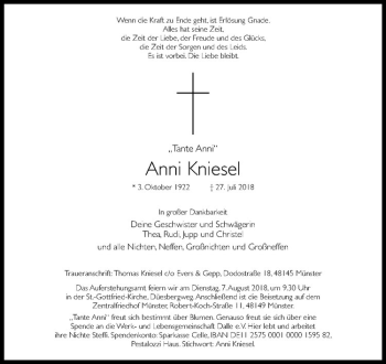 Anzeige von Anni Kniesel von Westfälische Nachrichten