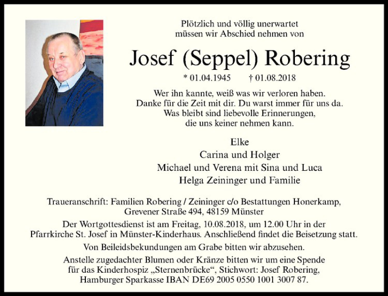  Traueranzeige für Josef Robering vom 04.08.2018 aus Westfälische Nachrichten