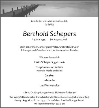 Anzeige von Berthold Schepers von Westfälische Nachrichten