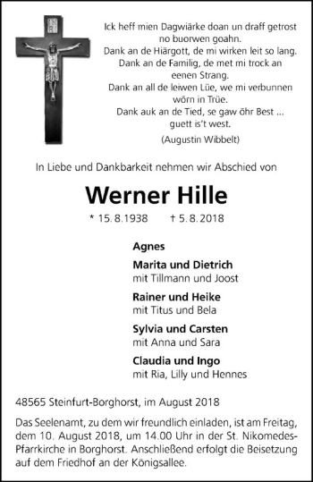 Anzeige von Werner Hille von Westfälische Nachrichten