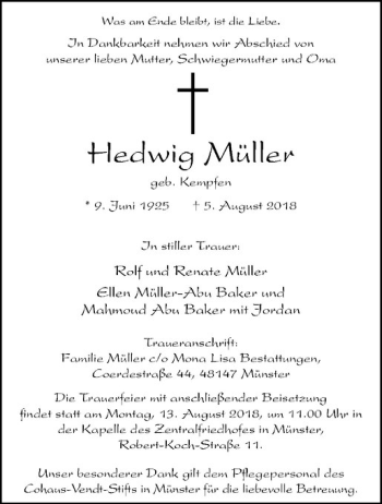 Anzeige von Hedwig Müller von Westfälische Nachrichten