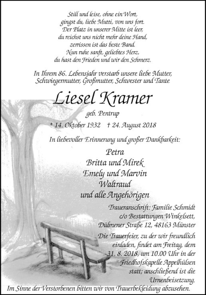  Traueranzeige für Liesel Kramer vom 29.08.2018 aus Westfälische Nachrichten