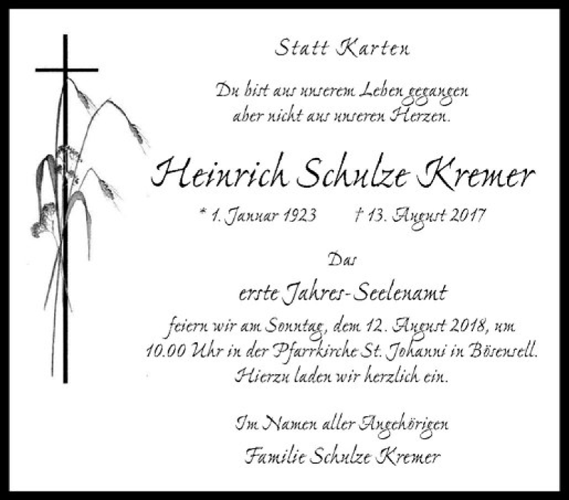  Traueranzeige für Heinrich Schulze Kremer vom 04.08.2018 aus Westfälische Nachrichten