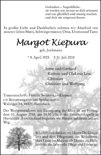 Anzeige von Margot Kiepura von Westfälische Nachrichten