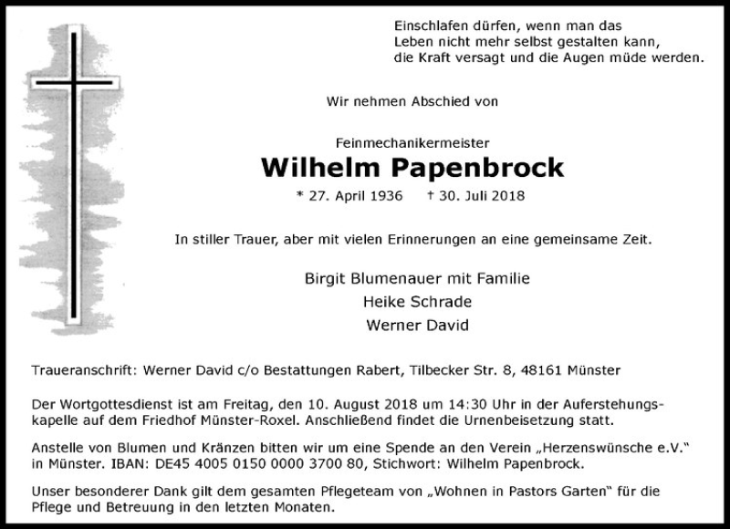  Traueranzeige für Wilhelm Papenbrock vom 04.08.2018 aus Westfälische Nachrichten