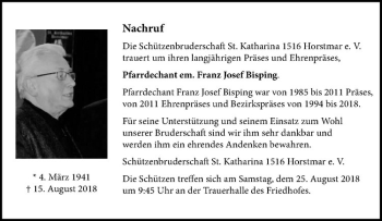Anzeige von Franz Josef Bisping von Westfälische Nachrichten