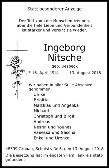Anzeige von Ingeborg Nitsche von Westfälische Nachrichten