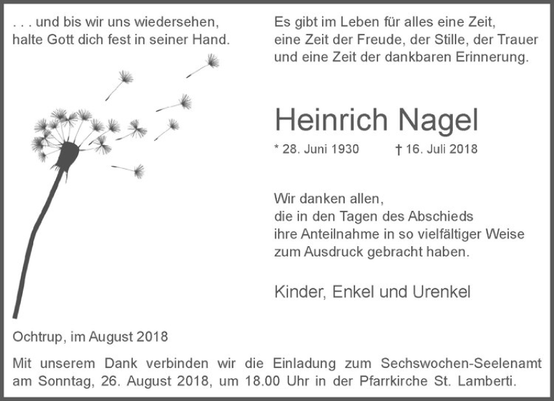  Traueranzeige für Heinrich Nagel vom 22.08.2018 aus Westfälische Nachrichten