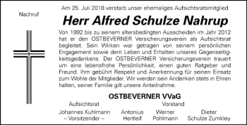 Anzeige von Alfred Schulze Nahrup von Westfälische Nachrichten