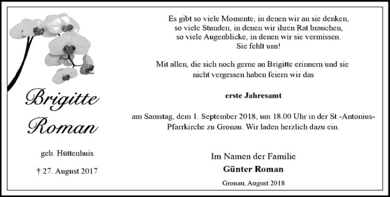  Traueranzeige für Brigitte Roman vom 25.08.2018 aus Westfälische Nachrichten
