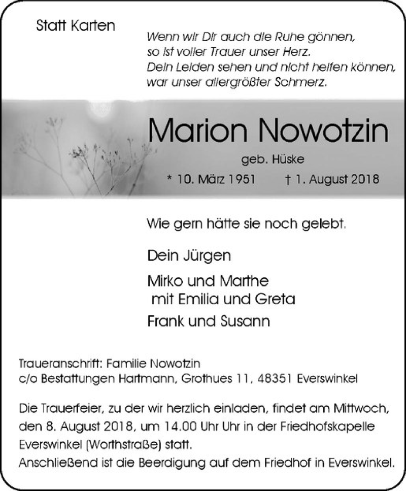 Traueranzeige für Marion Nowotzin vom 06.08.2018 aus Westfälische Nachrichten