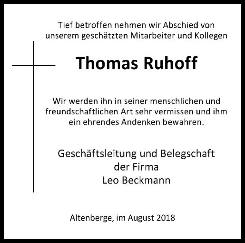  Traueranzeige für Thomas Ruhoff vom 18.08.2018 aus Westfälische Nachrichten
