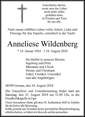 Anzeige von Anneliese Wildenberg von Westfälische Nachrichten