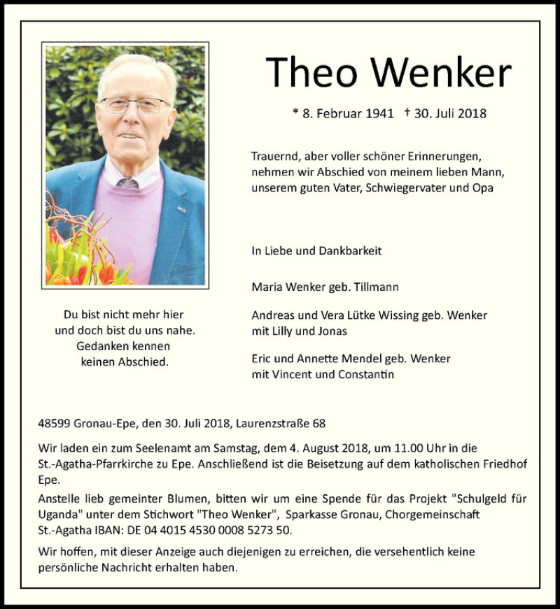  Traueranzeige für Theo Wenker vom 02.08.2018 aus Westfälische Nachrichten