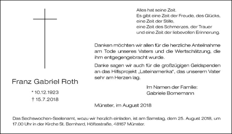  Traueranzeige für Franz Gabriel Roth vom 18.08.2018 aus Westfälische Nachrichten