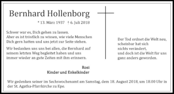 Anzeige von Bernhard Hollenborg von Westfälische Nachrichten