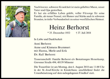 Anzeige von Heinz Berhorst von Westfälische Nachrichten