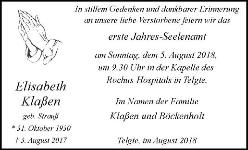  Traueranzeige für Elisabth Klaßen vom 04.08.2018 aus Westfälische Nachrichten
