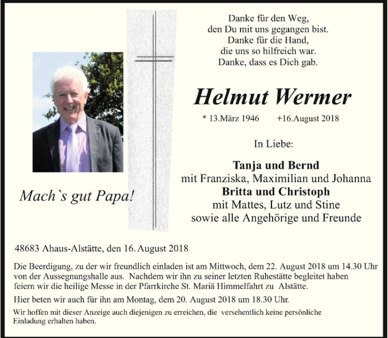  Traueranzeige für Helmut Wermer vom 20.08.2018 aus Westfälische Nachrichten