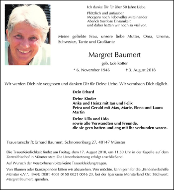 Anzeige von Margret Baumert von Westfälische Nachrichten
