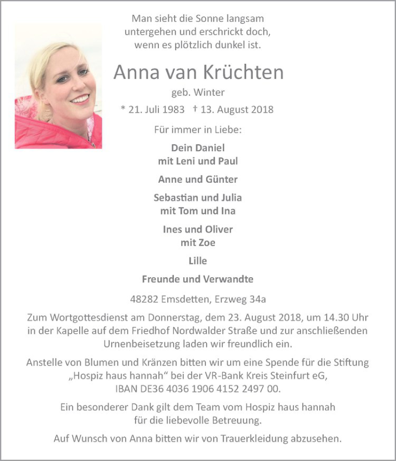  Traueranzeige für Anna van Krüchten vom 18.08.2018 aus Westfälische Nachrichten